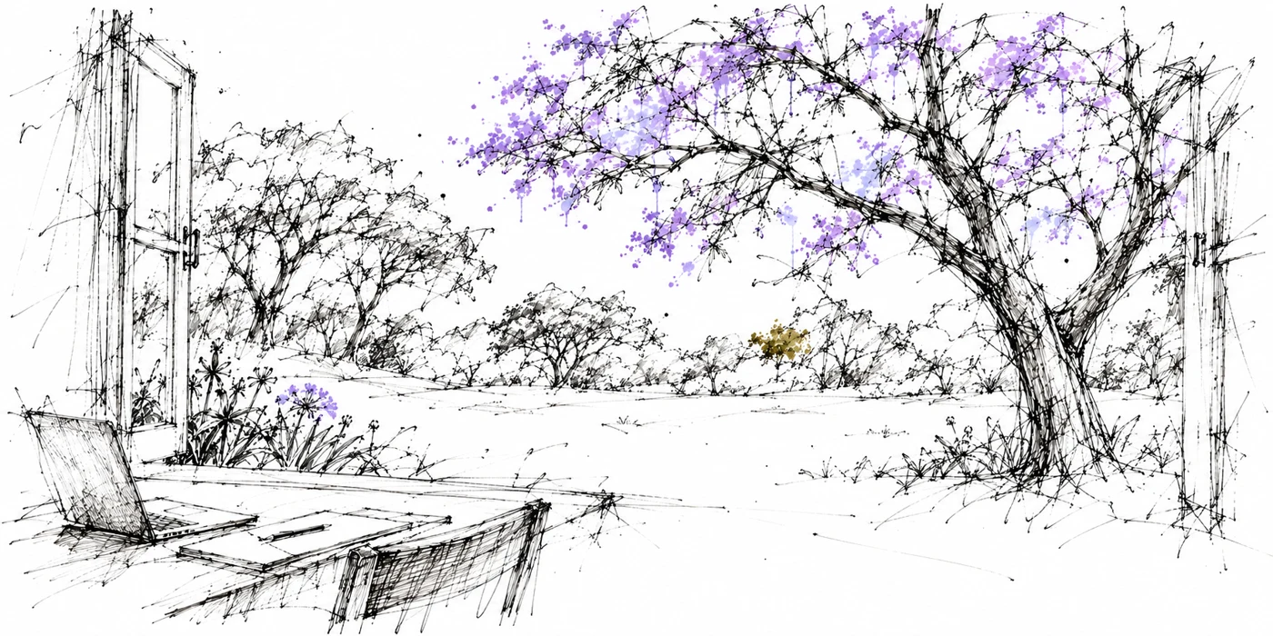 Pen-and-ink illustration of a jacaranda tree and garden viewed from a Harare workspace